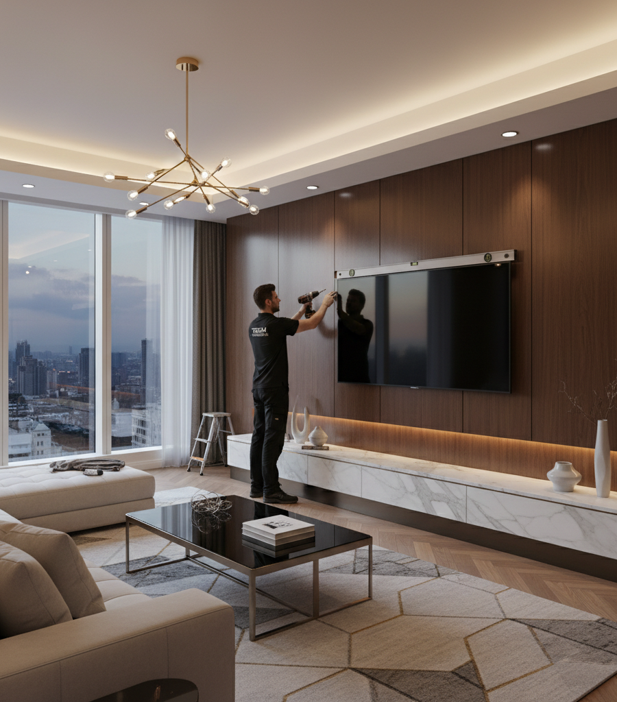 Technician mounting a flat screen television on a living room wall