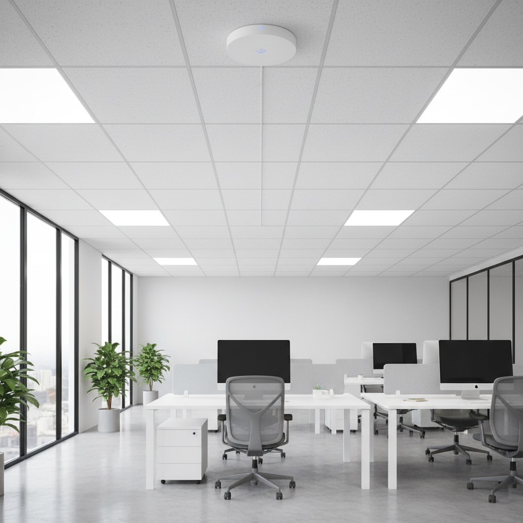 Enterprise wireless access point mounted on the ceiling of a modern office