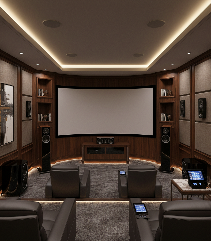 Wall-mounted TV with a modern home theater surround sound system