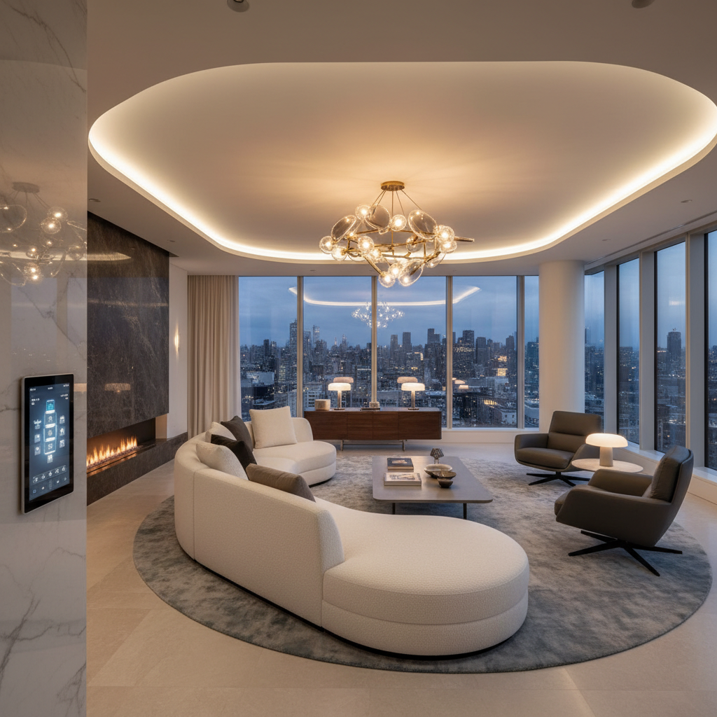 Modern living room with warm smart lighting and ambient scenes